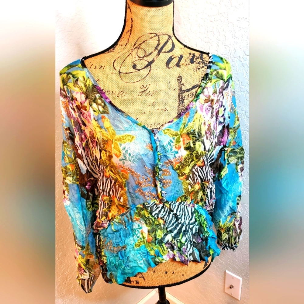 Alberto Makali Vibrant Floral Sheer Blouse - Blue and Green